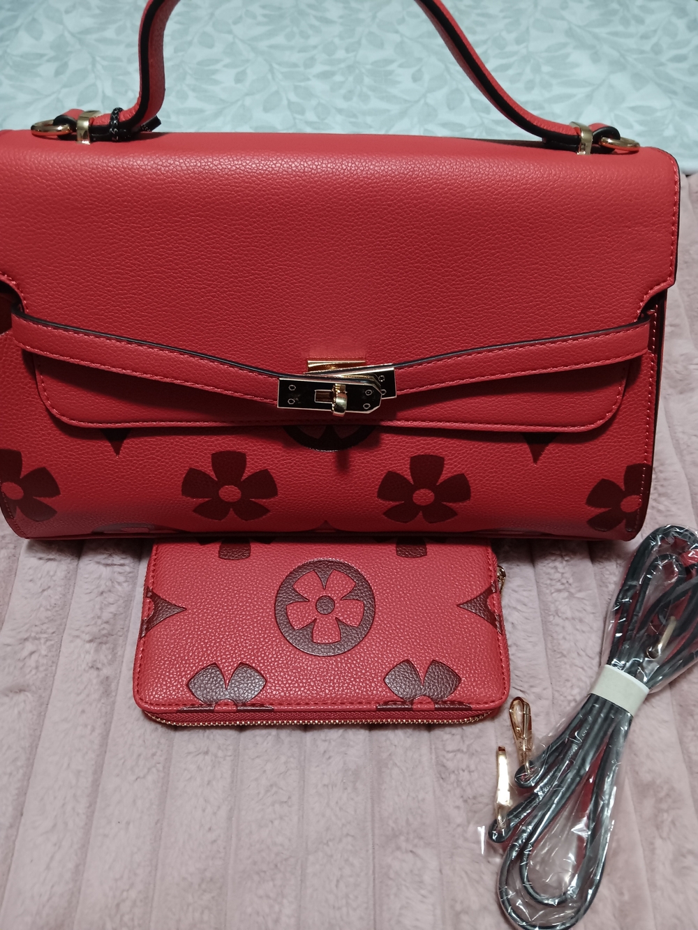 Women's Red Floral Leather Top-Handle Bag with Matching Wallet